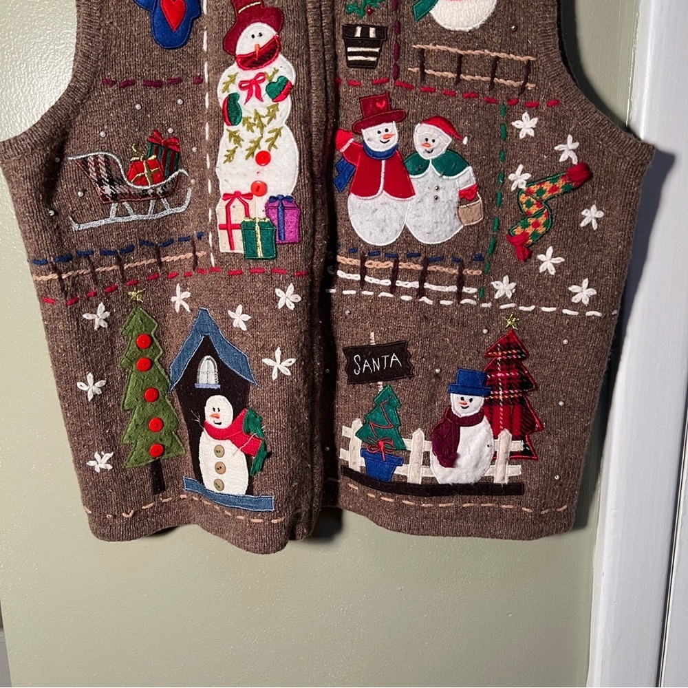Vintage Design Originals Studio Joy Womens Size Large Sweater Vest Brown Snowman - Picture 3 of 8